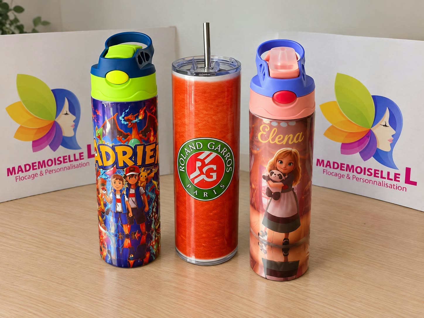 flocage de 3 gourdes avec disney et roland garros